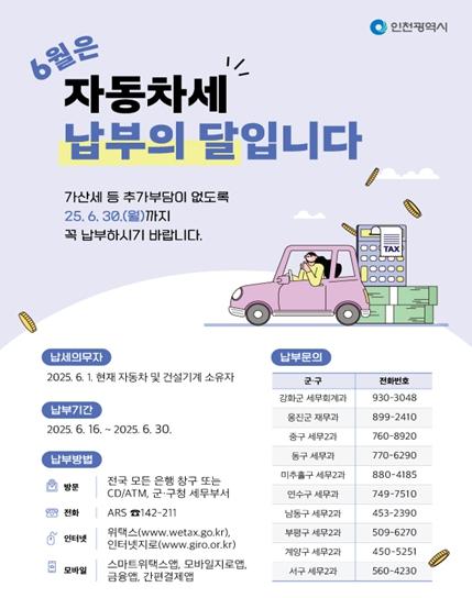 인천시, 2025년 6월 정기분 자동차세 1,337억 원 부과 기사 이미지