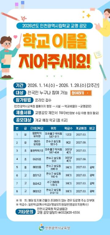 인천광역시교육청, 신설학교 8교 명칭 공모… 14일부터 2주간 접수 기사 이미지